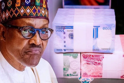 A photo of President Buhari and the redesigned note